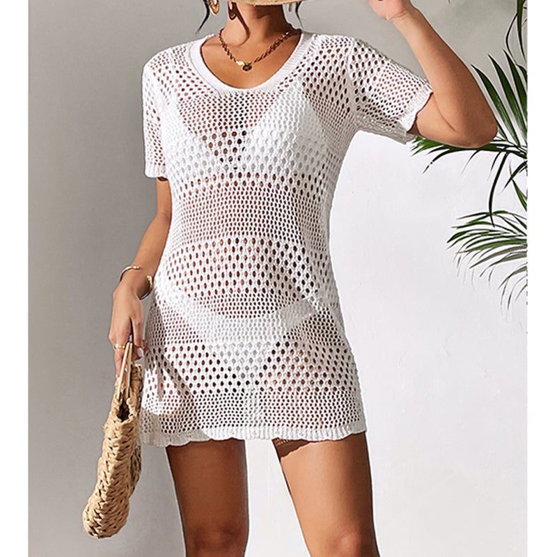 Women Clothes Sexy Cutout Short Sleeve Casual Bikini Cover Up Swimsuit Blouse Beach Sun Protection Shirt Crochet hook Tidee