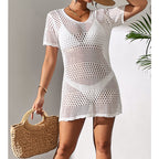 Women Clothes Sexy Cutout Short Sleeve Casual Bikini Cover Up Swimsuit Blouse Beach Sun Protection Shirt Crochet hook Tidee