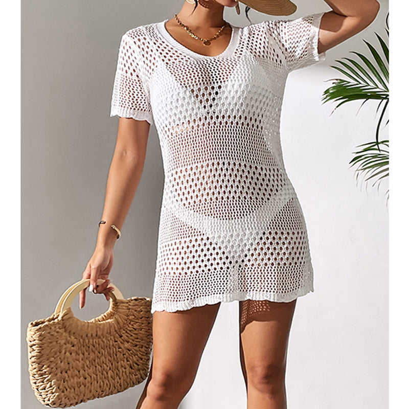 Women Clothes Sexy Cutout Short Sleeve Casual Bikini Cover Up Swimsuit Blouse Beach Sun Protection Shirt Crochet hook Tidee