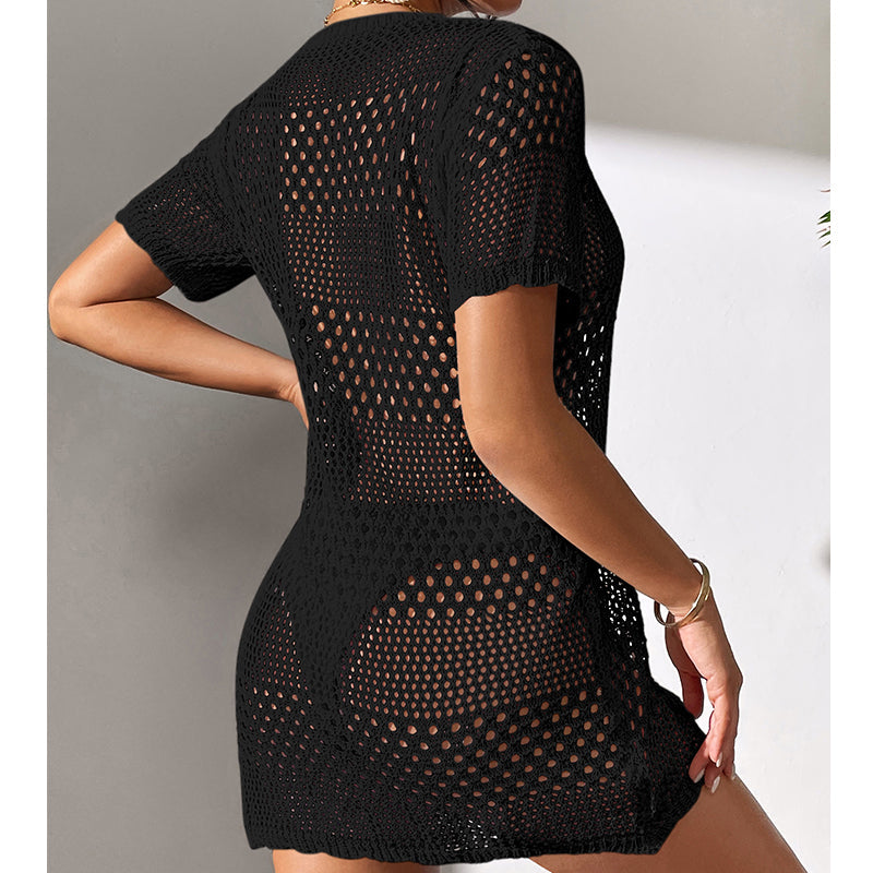 Women Clothes Sexy Cutout Short Sleeve Casual Bikini Cover Up Swimsuit Blouse Beach Sun Protection Shirt Crochet hook Tidee