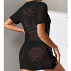 Women Clothes Sexy Cutout Short Sleeve Casual Bikini Cover Up Swimsuit Blouse Beach Sun Protection Shirt Crochet hook Tidee