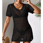Women Clothes Sexy Cutout Short Sleeve Casual Bikini Cover Up Swimsuit Blouse Beach Sun Protection Shirt Crochet hook Tidee