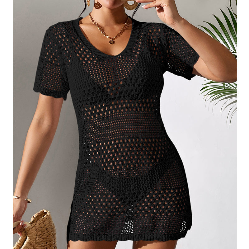 Women Clothes Sexy Cutout Short Sleeve Casual Bikini Cover Up Swimsuit Blouse Beach Sun Protection Shirt Crochet hook Tidee