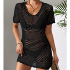 Women Clothes Sexy Cutout Short Sleeve Casual Bikini Cover Up Swimsuit Blouse Beach Sun Protection Shirt Crochet hook Tidee