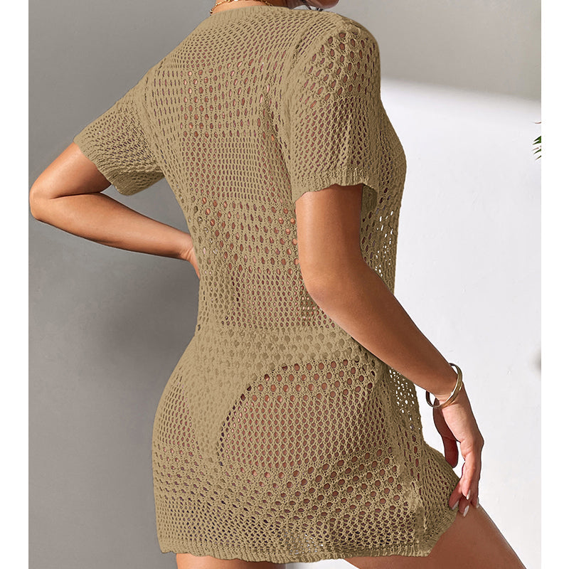 Women Clothes Sexy Cutout Short Sleeve Casual Bikini Cover Up Swimsuit Blouse Beach Sun Protection Shirt Crochet hook Tidee