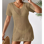 Women Clothes Sexy Cutout Short Sleeve Casual Bikini Cover Up Swimsuit Blouse Beach Sun Protection Shirt Crochet hook Tidee