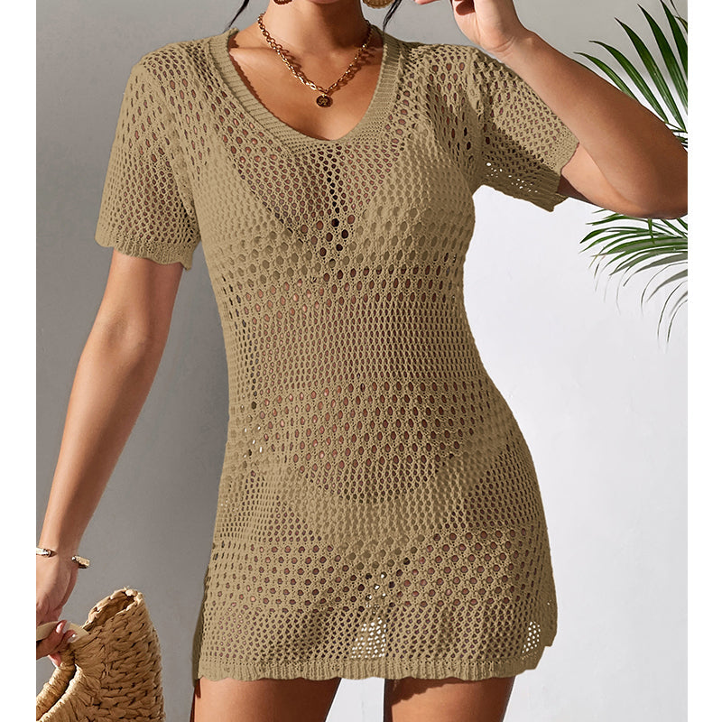 Women Clothes Sexy Cutout Short Sleeve Casual Bikini Cover Up Swimsuit Blouse Beach Sun Protection Shirt Crochet hook Tidee