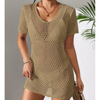 Women Clothes Sexy Cutout Short Sleeve Casual Bikini Cover Up Swimsuit Blouse Beach Sun Protection Shirt Crochet hook Tidee
