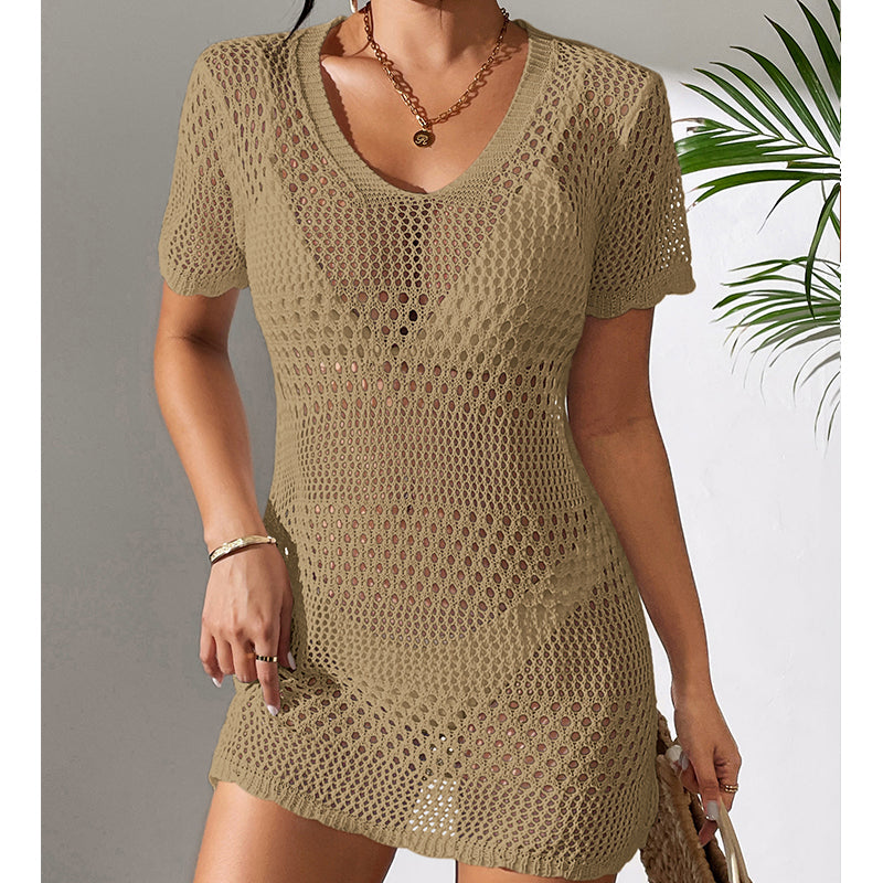 Women Clothes Sexy Cutout Short Sleeve Casual Bikini Cover Up Swimsuit Blouse Beach Sun Protection Shirt Crochet hook Tidee