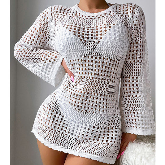 Vacation Casual Hollow Out Cutout Out Long Sleeve Pullover Solid Color Sun Protection Shirt Mid Length Beach Cover Up Crochet hook