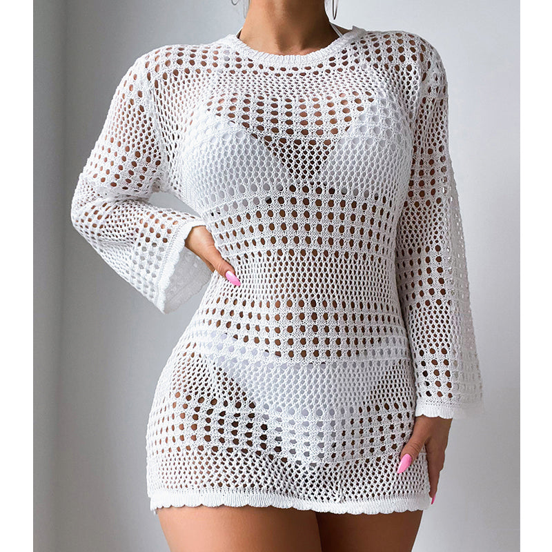 Vacation Casual Hollow Out Cutout Out Long Sleeve Pullover Solid Color Sun Protection Shirt Mid Length Beach Cover Up Crochet hook Tidee