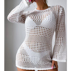Vacation Casual Hollow Out Cutout Out Long Sleeve Pullover Solid Color Sun Protection Shirt Mid Length Beach Cover Up Crochet hook Tidee