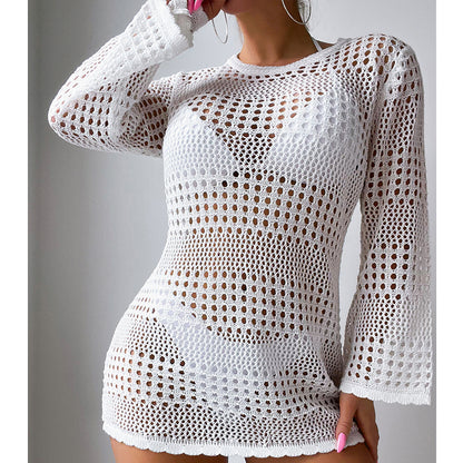 Vacation Casual Hollow Out Cutout Out Long Sleeve Pullover Solid Color Sun Protection Shirt Mid Length Beach Cover Up Crochet hook