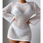 Vacation Casual Hollow Out Cutout Out Long Sleeve Pullover Solid Color Sun Protection Shirt Mid Length Beach Cover Up Crochet hook Tidee