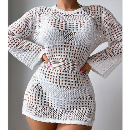 Vacation Casual Hollow Out Cutout Out Long Sleeve Pullover Solid Color Sun Protection Shirt Mid Length Beach Cover Up Crochet hook