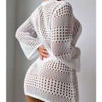 Vacation Casual Hollow Out Cutout Out Long Sleeve Pullover Solid Color Sun Protection Shirt Mid Length Beach Cover Up Crochet hook Tidee