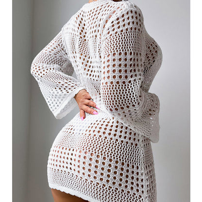 Vacation Casual Hollow Out Cutout Out Long Sleeve Pullover Solid Color Sun Protection Shirt Mid Length Beach Cover Up Crochet hook