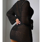 Vacation Casual Hollow Out Cutout Out Long Sleeve Pullover Solid Color Sun Protection Shirt Mid Length Beach Cover Up Crochet hook Tidee