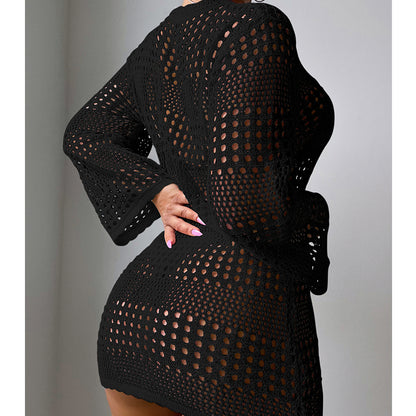 Vacation Casual Hollow Out Cutout Out Long Sleeve Pullover Solid Color Sun Protection Shirt Mid Length Beach Cover Up Crochet hook