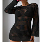 Vacation Casual Hollow Out Cutout Out Long Sleeve Pullover Solid Color Sun Protection Shirt Mid Length Beach Cover Up Crochet hook Tidee
