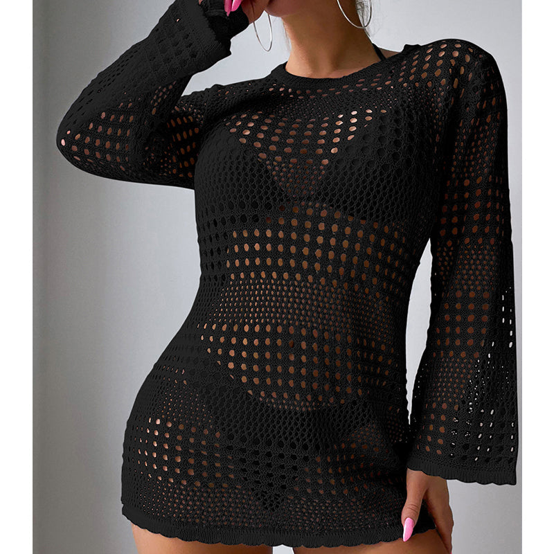 Vacation Casual Hollow Out Cutout Out Long Sleeve Pullover Solid Color Sun Protection Shirt Mid Length Beach Cover Up Crochet hook Tidee
