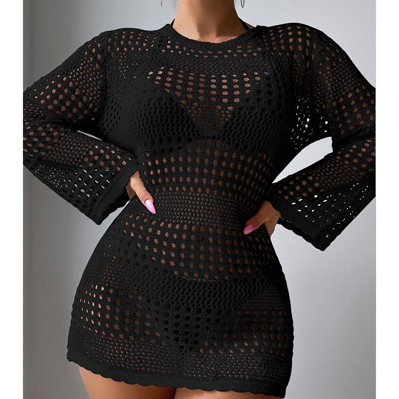 Vacation Casual Hollow Out Cutout Out Long Sleeve Pullover Solid Color Sun Protection Shirt Mid Length Beach Cover Up Crochet hook Tidee