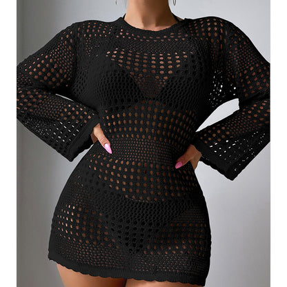 Vacation Casual Hollow Out Cutout Out Long Sleeve Pullover Solid Color Sun Protection Shirt Mid Length Beach Cover Up Crochet hook