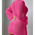 Vacation Casual Hollow Out Cutout Out Long Sleeve Pullover Solid Color Sun Protection Shirt Mid Length Beach Cover Up Crochet hook Tidee