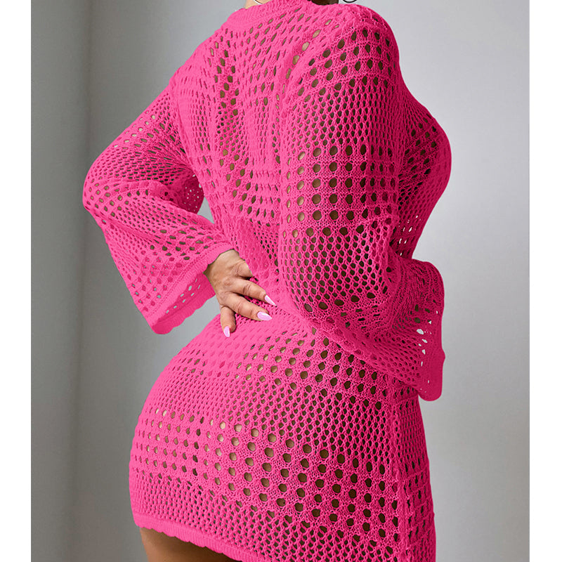 Vacation Casual Hollow Out Cutout Out Long Sleeve Pullover Solid Color Sun Protection Shirt Mid Length Beach Cover Up Crochet hook Tidee