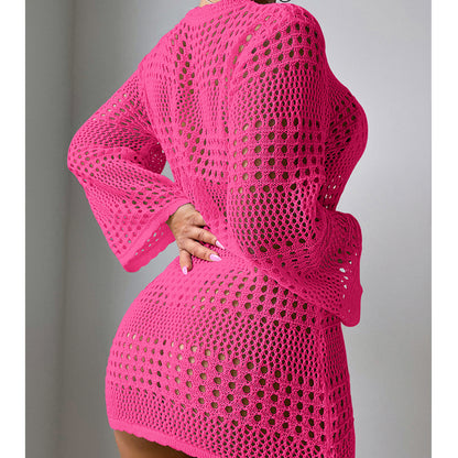 Vacation Casual Hollow Out Cutout Out Long Sleeve Pullover Solid Color Sun Protection Shirt Mid Length Beach Cover Up Crochet hook