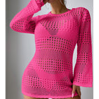 Vacation Casual Hollow Out Cutout Out Long Sleeve Pullover Solid Color Sun Protection Shirt Mid Length Beach Cover Up Crochet hook Tidee