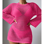 Vacation Casual Hollow Out Cutout Out Long Sleeve Pullover Solid Color Sun Protection Shirt Mid Length Beach Cover Up Crochet hook Tidee