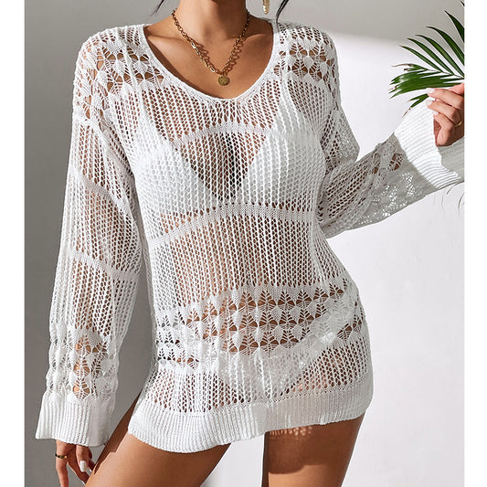 Holiday Sexy Hollow Out Cutout Texture Loose Pullover Sun Protection Shirt Mid Length Beach Blouse Crochet hook