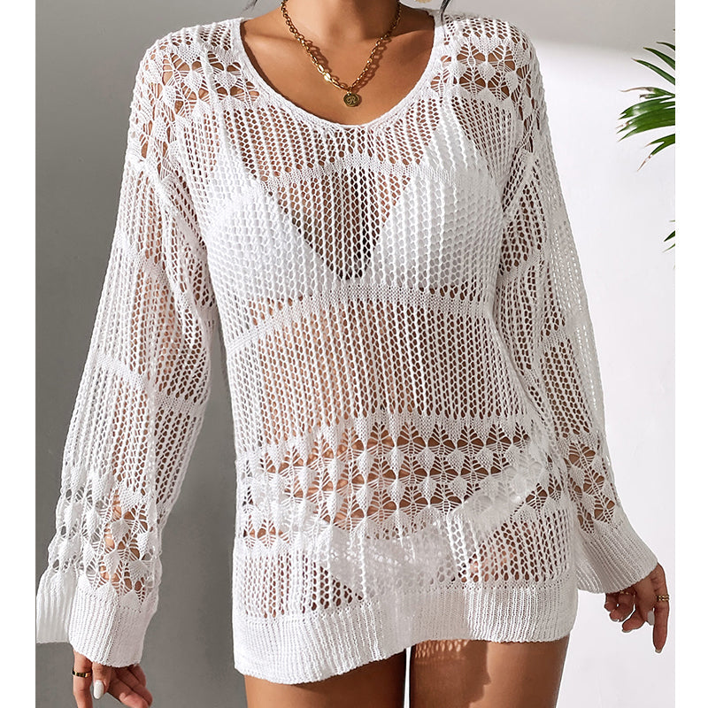 Holiday Sexy Hollow Out Cutout Texture Loose Pullover Sun Protection Shirt Mid Length Beach Blouse Crochet hook Tidee