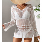 Holiday Sexy Hollow Out Cutout Texture Loose Pullover Sun Protection Shirt Mid Length Beach Blouse Crochet hook Tidee