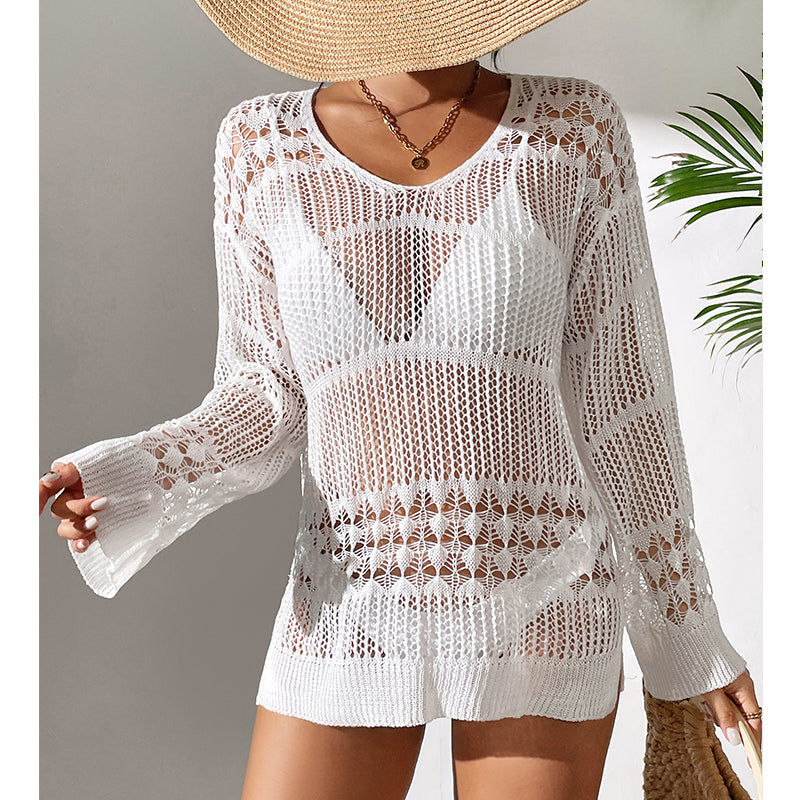 Holiday Sexy Hollow Out Cutout Texture Loose Pullover Sun Protection Shirt Mid Length Beach Blouse Crochet hook Tidee