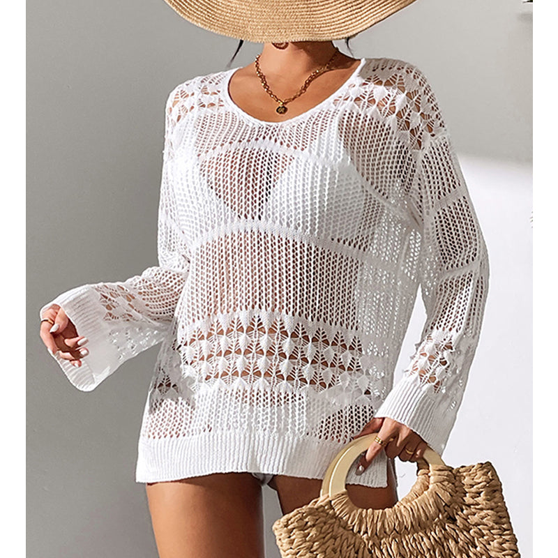 Holiday Sexy Hollow Out Cutout Texture Loose Pullover Sun Protection Shirt Mid Length Beach Blouse Crochet hook Tidee