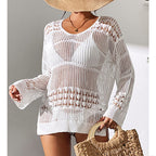 Holiday Sexy Hollow Out Cutout Texture Loose Pullover Sun Protection Shirt Mid Length Beach Blouse Crochet hook Tidee
