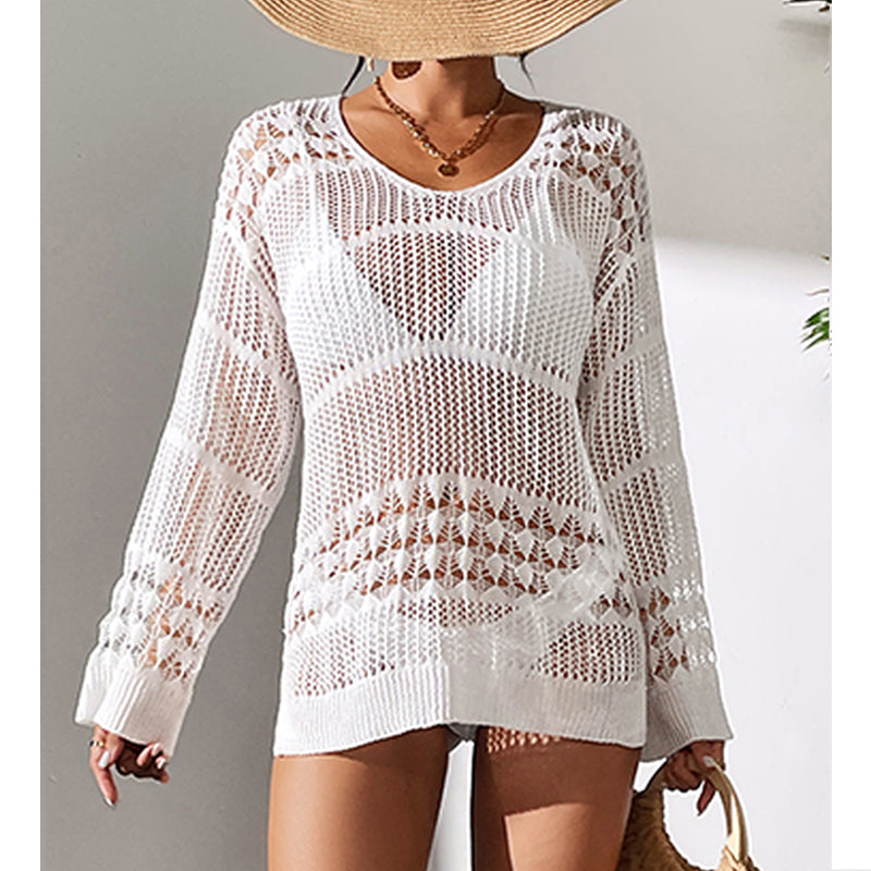 Holiday Sexy Hollow Out Cutout Texture Loose Pullover Sun Protection Shirt Mid Length Beach Blouse Crochet hook Tidee
