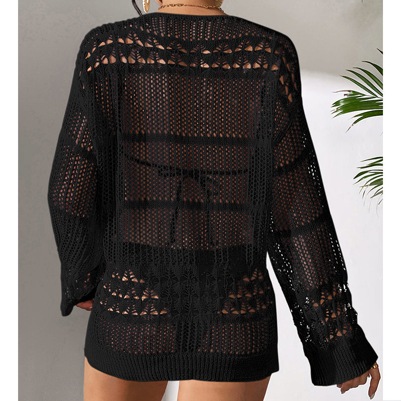 Holiday Sexy Hollow Out Cutout Texture Loose Pullover Sun Protection Shirt Mid Length Beach Blouse Crochet hook Tidee