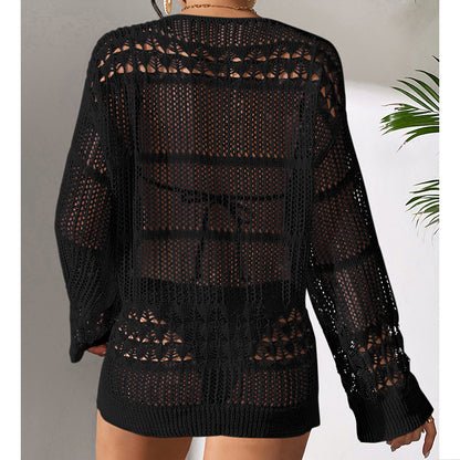 Holiday Sexy Hollow Out Cutout Texture Loose Pullover Sun Protection Shirt Mid Length Beach Blouse Crochet hook