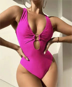 Popular Siamese Triangle Women Swimsuit Sexy Solid Color Hollow Out Cutout