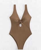 Popular Siamese Triangle Women Swimsuit Sexy Solid Color Hollow Out Cutout