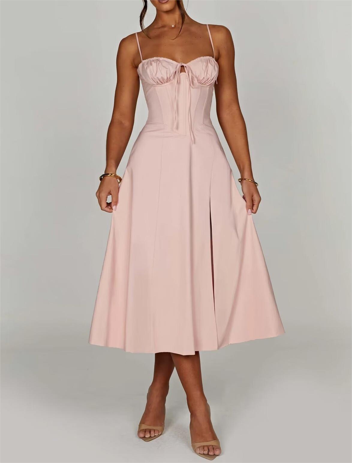 Women Mid Length Dress With Cross Back Tied Slim Fit Straps Niche Sexy Side Split Camille
