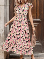 Women Summer Vacation Print Short Sleeved V Neck Dress CC