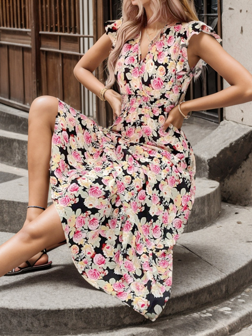 Women Summer Vacation Print Short Sleeved V Neck Dress CC