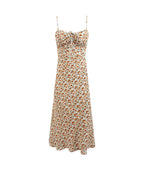 French Seaside Vacation Sling Midi Dress Women Chest Pleated Lace up Slim Fit Printing Slip Dress Summer PullWind