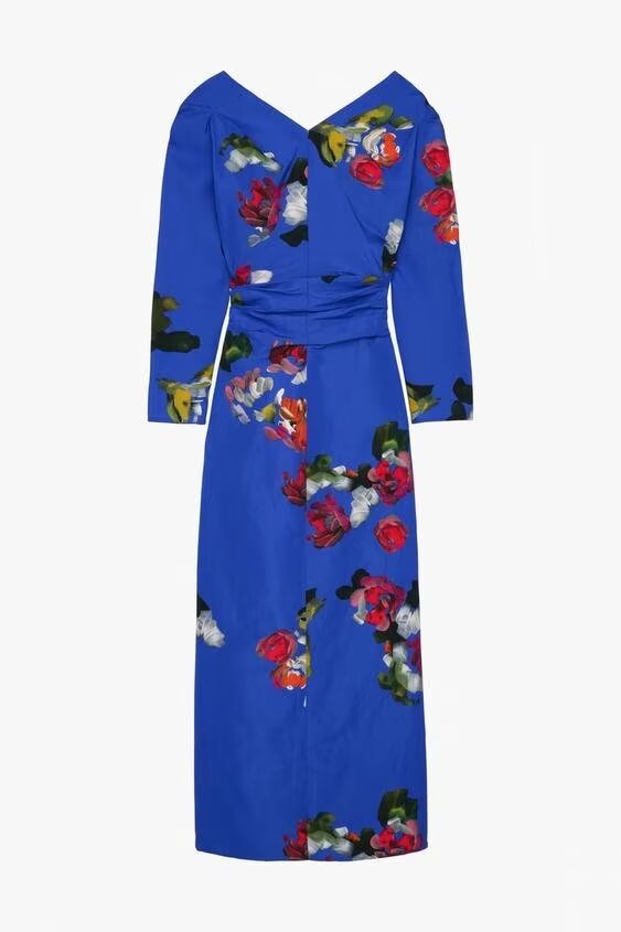 Vestido plisado de manga larga con cuello en V y estampado de primavera