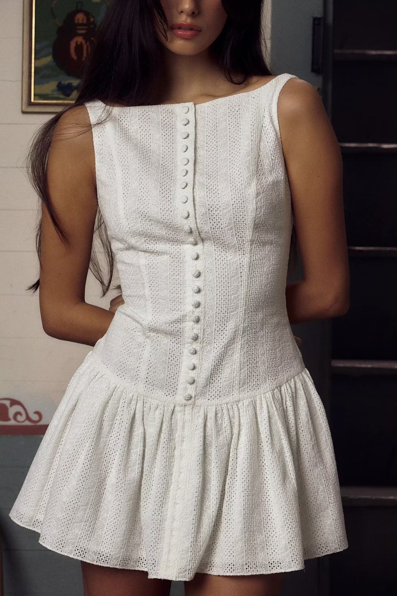 French Lace Embroidered Dress Women Summer Pure Sexy Tight Waist Backless Sleeveless A Line Dress Aiostar