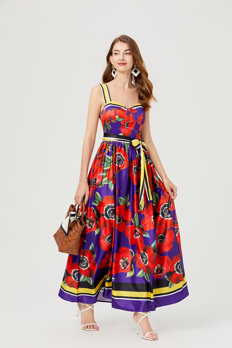 Women Summer Print Halter Dress Swing Maxi Dress ESUNG